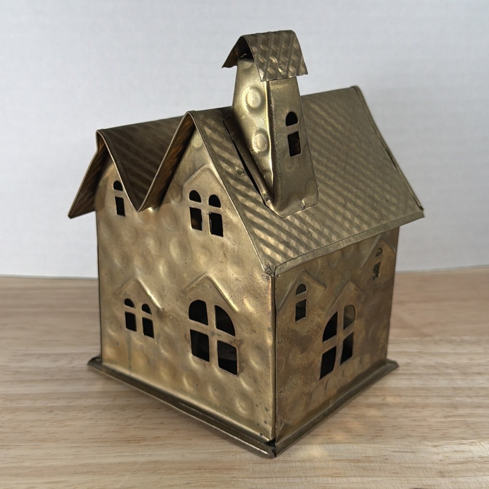 Old Brass Metal House Shaped Hanging Tea Light Candle Holder Latch Door Chimney